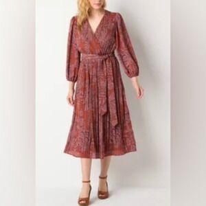 Ryegrass Women's Medium Midi Dress Rust Floral Paisley Pleated Long Sleeve New